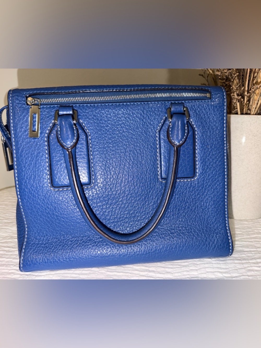 Michael Kors Cobalt Blue Pebbled Leather Satchel Silver Hardware Crossbody Tote - Picture 8 of 14